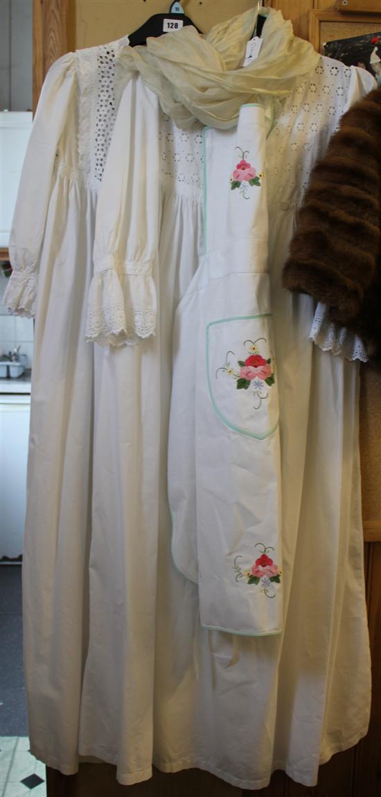 2 Victorian nightgowns, embroidered apron, silk scarf.